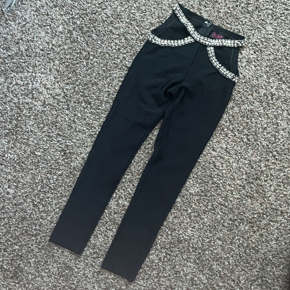 Black Bandage Pencil Leggings, Rhinestone Beads Hollow Out Leggings, Size Small